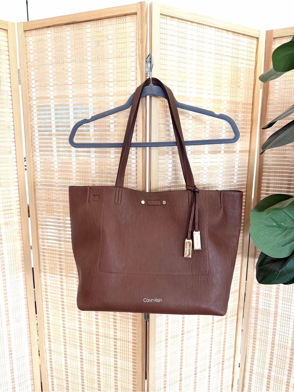Calvin Klein Brown Faux Leather Tote Bag with Matching Wristlet